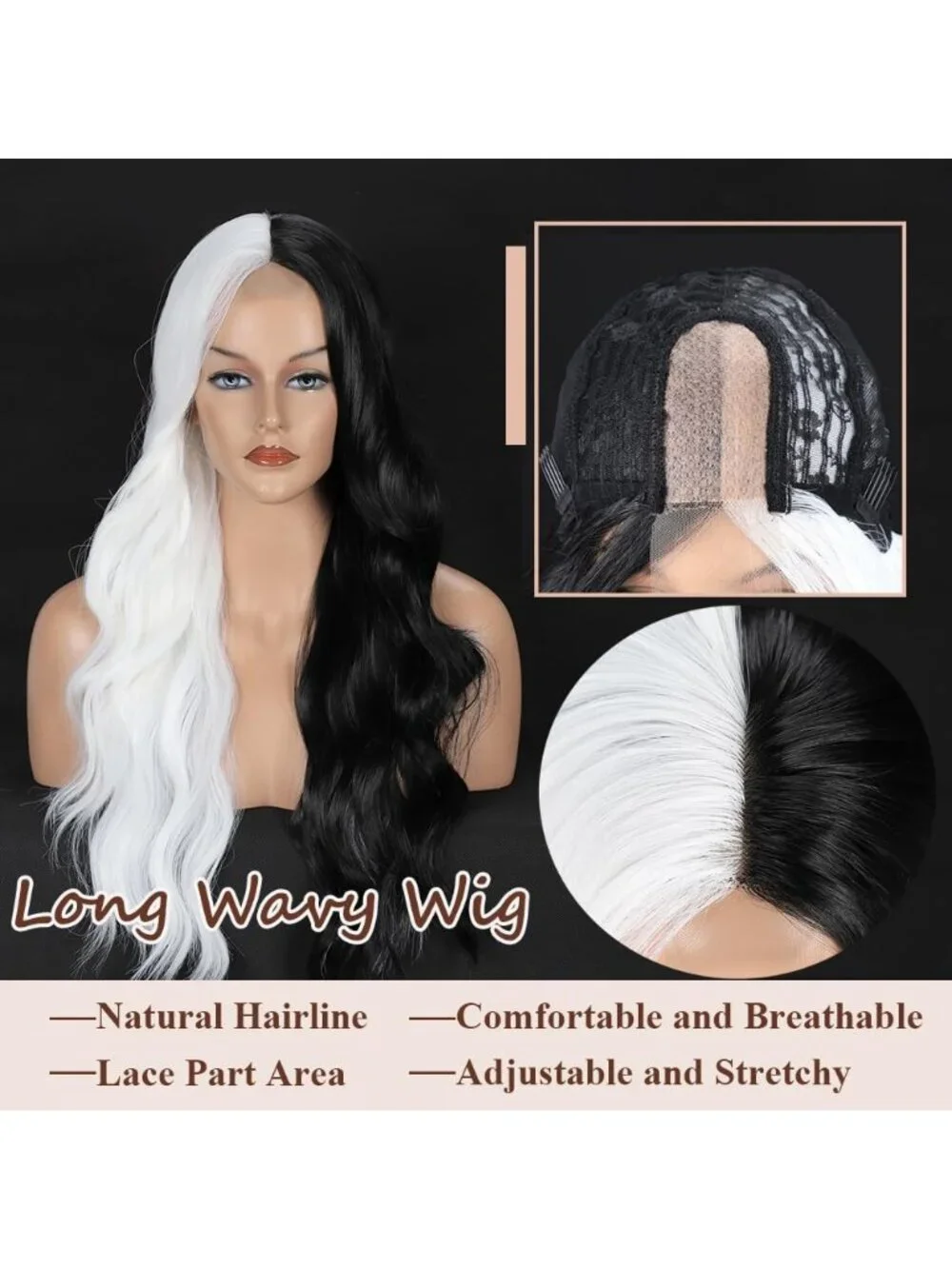 26 Inch Women's Black and White Long Wavy Curly Hair Wig Halloween Cosplay